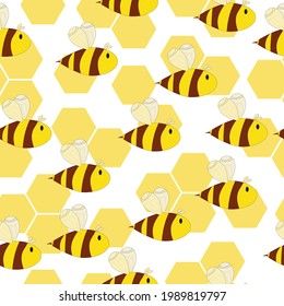 Honey bees and honeycomb seamless pattern, flying striped insects on a white background vector illustration