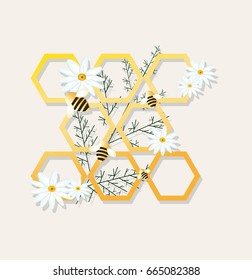 Honey Bees and honeycombs chamomile Vector illustration