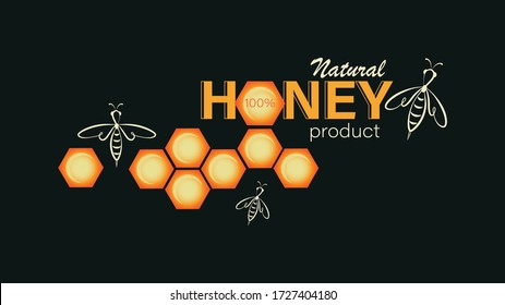 Honey bees, honeycombs. Vector poster, label, business card with a picture of a linear bee. label, illustration for business promotion on a black background. 
