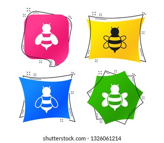 Honey bees icons. Bumblebees symbols. Flying insects with sting signs. Geometric colorful tags. Banners with flat icons. Trendy design. Vector