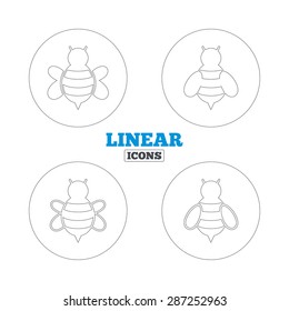 Honey bees icons. Bumblebees symbols. Flying insects with sting signs. Linear outline web icons. Vector