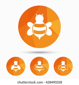 Honey bees icons. Bumblebees symbols. Flying insects with sting signs. Triangular low poly buttons with shadow. Vector