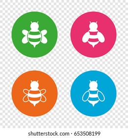 Honey bees icons. Bumblebees symbols. Flying insects with sting signs. Round buttons on transparent background. Vector