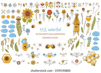Honey bees isolated vector set. Cute bee cartoon collection. Funny illustrations, cartoon style icons. Beekeeping clip art, bright colorful graphic elements. beehives, flowers, honeycombs