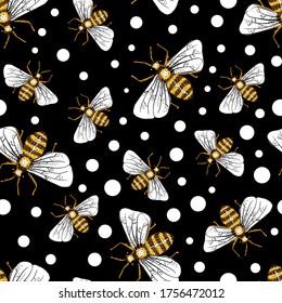 Honey Bees at Night Vector Seamless Pattern