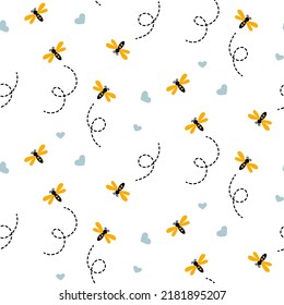 Honey bees on white background. Seamless pattern with honey bees for fabric, wrap paper or kids apparel