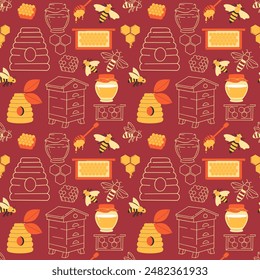 Honey and bees outline seamless pattern on dark background