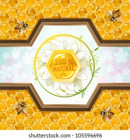 Honey and bees over floral background