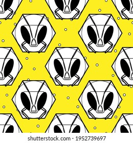 Honey bees pattern. Seamless vector pattern illustration with a clipping mask. Bees in the honeycombs on a yellow background.