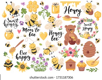 Honey, bees, quotes and other beekeeping hand drawn elements. Perfect for scrapbooking, greeting card, party invitation, poster, tag, sticker kit. Vector illustration.