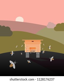Honey bees returning to hive before sunset. World honey Bee Day. Vector illustration in flat design.