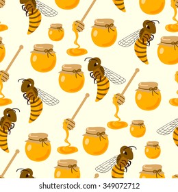 Honey and the bees. Seamless background.