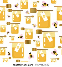 Honey and bees seamless pattern. Flat vector stock isolated illustration. Yellow honey in a jar. Texture or endless background, backdrop for printing onto fabric, textile