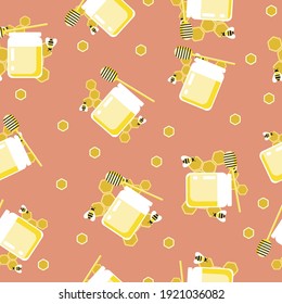 Honey and bees seamless pattern. Flat vector stock illustration. Yellow honey in a jar. Texture for printing on fabric, textiles, wrapping paper. Cute illustration with honey texture