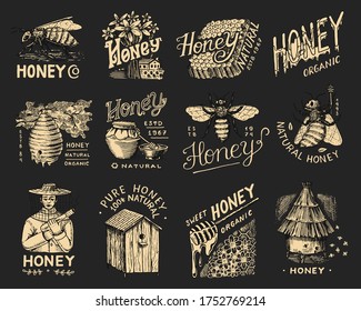 La miel y las abejas. Hombre apicultor y Honeycombs y colmena y colmenar. Logo vintage para tipografía, tienda o carteles. Insignia para camisetas. Esbozo grabado a mano. Ilustración vectorial.