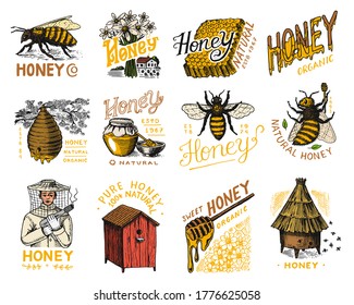 Honey and bees set. Beekeeper man and Honeycombs and hive and apiary. Vintage logo for typography, shop or signboards. Badge for t-shirts. Hand Drawn engrave sketch. Vector illustration.