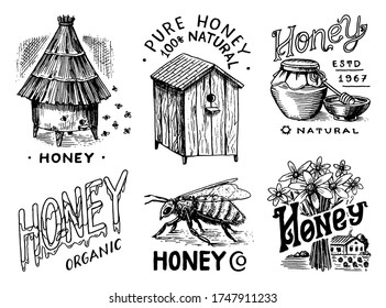 Honey and bees set. Honeycombs and hive and apiary. Vintage logo for typography, shop or signboards. Badge for t-shirts. Hand Drawn engrave sketch. Vector illustration.