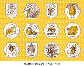 Honey and bees stickers set. Beekeeper man and Honeycombs and hive and apiary. Vintage logo for typography, shop or signboards. Badge for t-shirts. Hand Drawn engrave sketch. Vector illustration.