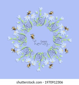 Honey bees. Swarm. Chamomile frame. World Bee Day. Bee swarming, honey bees fly in chamomile meadow