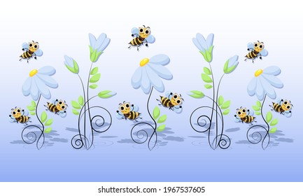 Honey bees swarm. Garden flowers. World Bee Day. Bee swarming, honey bees fly in a chamomile meadow.