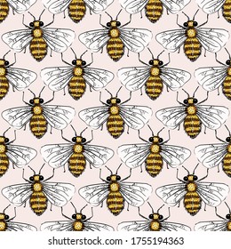 Honey Bees Swarm Vector Seamless Pattern