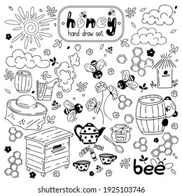 Honey and bees. Vector hand-drawn set on an isolated background. Doodle illustrations bee, beehive, barrel, sun, clouds, bear. Contour drawings are suitable for background, packaging, paper, printing.