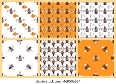 Honey and bees vector seamless patterns. Set of background with bee illustration