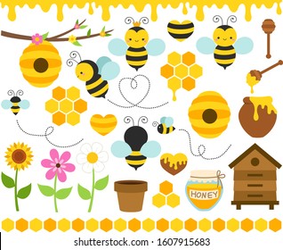 Honey Bees Vector Set. Cute bee cartoon collection. Funny illustrations, flat style icons. Beekeeping clip art, bright colorful graphic elements. Queen bee, beehives, borders, flowers, honeycombs.