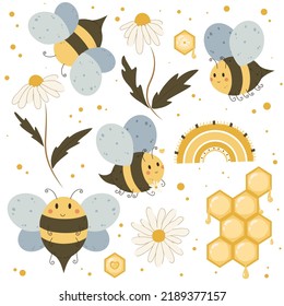 Juego de vectores de abejas melíferas. Colección de dibujos animados de abejas. Iconos divertidos, iconos de estilo plano. Pintura de apicultura, elementos gráficos de colores vivos. Abeja reina, flores, panecillos.