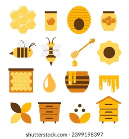 Honey Bees Vector Set. Cute bee cartoon collection. Funny illustrations, flat style icons. Beekeeping clip art. Queen bee, beehives, borders, flowers, honeycombs.