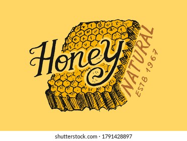 Honey and bees. Vintage logo for typography, shop or signboards. Badge for t-shirts. Hand Drawn engrave sketch. Vector illustration.