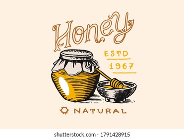 Honey and bees. Vintage logo for typography, shop or signboards. Badge for t-shirts. Hand Drawn engrave sketch. Vector illustration.