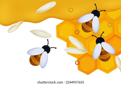Honey bees with white petals in the apiary. Vector illustration 3d, banner. Wax honeycombs. Insects work together, the process of collecting honey. Yellow, sweet, sticky liquid. Bee farm or apiary. 