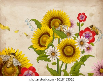 Honey bees and wildflowers, retro hand drawn etching shading style design elements, colorful floral garden background