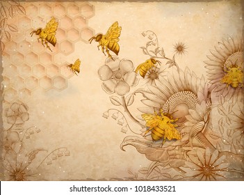 Honey bees and wildflowers, retro hand drawn etching shading style design elements, beige background