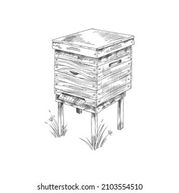 Honey bees wooden hive, hand drawn engraving vector illustration isolated on white background. Beekeeping and apiculture, natural honey production symbol.