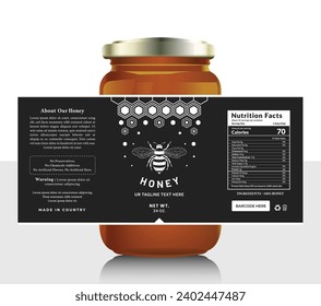 Honey black label sticker design bottle jar raw food banner bee product packaging.
