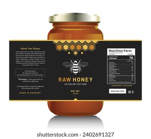 Honey black label sticker design bottle jar raw food banner bee product packaging.