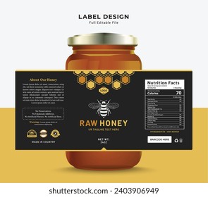 Honey black label sticker design bottle jar label raw food banner bee product packaging.