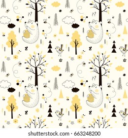 Honey blooming floral vector seamless pattern. Hand drawn doodle yellow flowers background.