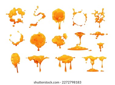 Honey blots. Dripping golden honeycomb syrup and sweet nectar leak splash, flat melting falling liquid amber drops and spots. Vector isolated set of yellow nectar liquid, sweet honey drip