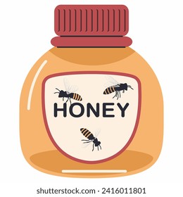 Honey bottle with bee on label vector cartoon illustration isolated on a white background.