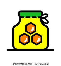 Honey bottle simple icon with honeycomb, vector illustration for shop and symbol of manufacturing of honey . Traditional sweets and candy.