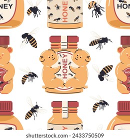 Honey bottle vector cartoon seamless pattern background for wallpaper, wrapping, packing, and backdrop.