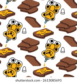Honey bottles in the shape of a bear are spread on bread. Drops of honey run down the bread. Transparent flat illustration for storing honey. Packaging design. Vector illustration