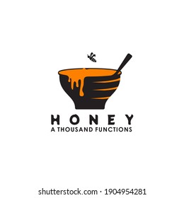 Honey in a bowl and a bee is flying over them logo vector design template