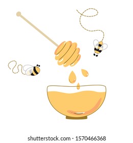 Honey bowl bee wooden dipper isolated on white background Cartoon hand drawn vector illustration