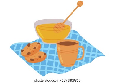 Honey in Bowl with Dipper, Coffee Mug and Chocolate Cookies as Tasty Breakfast or Brunch with Typical Food Vector Illustration