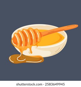 Honey in bowl with spoon dipper in cartoon style. Hand drawn design of spreading honey. Illustration isolated on dark background.