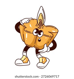 Carácter de rebanada de pan de miel que sostiene el cuchillo con goteo de miel. Tostada de miel dulce, mascota de comida de miel, concepto de producto de panadería. Ilustración vectorial de dibujos animados, aislado.